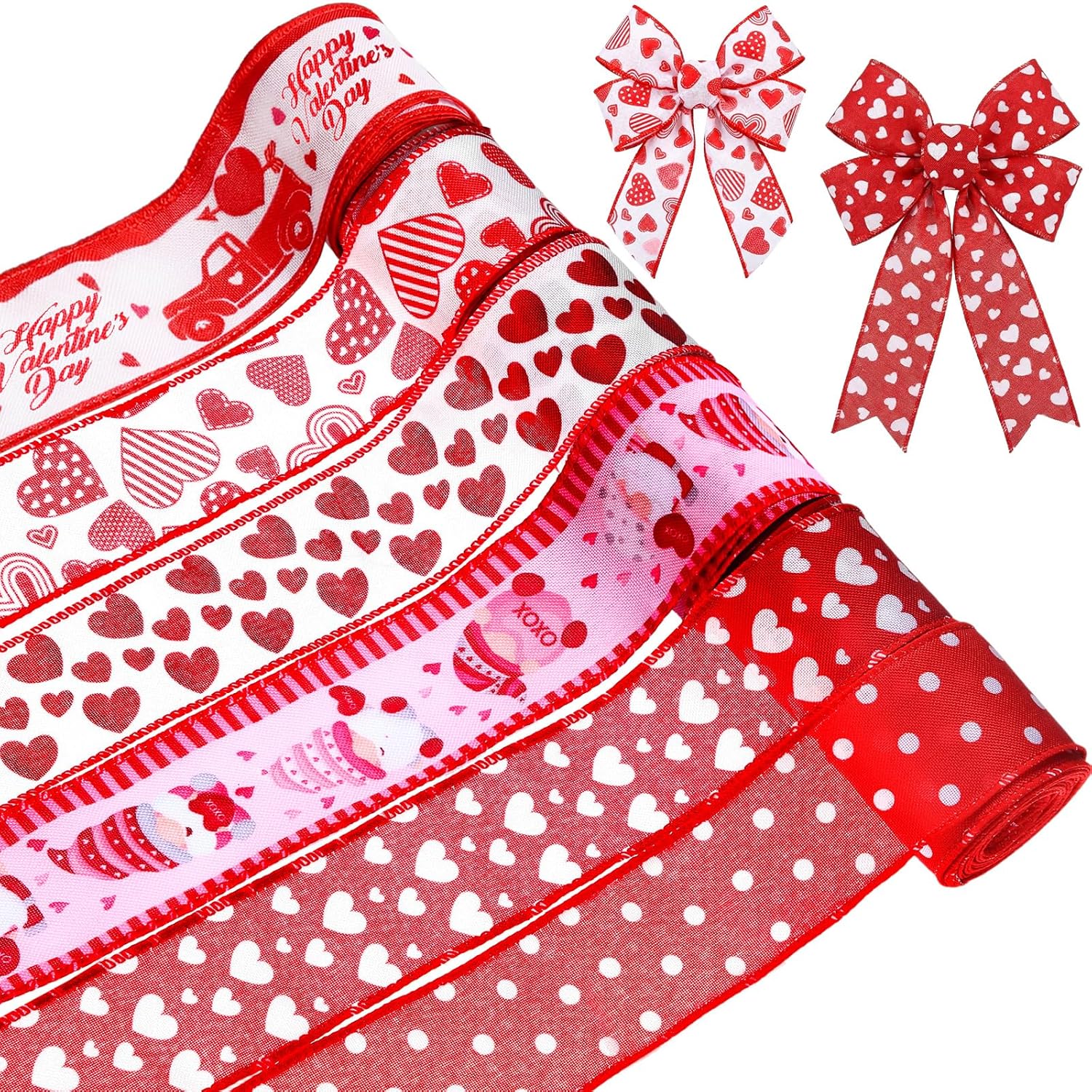 6 Rolls 30 Yards Valentine'S Day Wired Edge Ribbons Heart Truck Fabric Burlap Ribbons For Valentines Wedding Decorations Gift Wrapping Wreath Bows Diy Crafts Making, 2 Inch