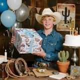 Cowboy Birthday Wrapping Paper Roll For Boys Kids Teens, Western Boots Hats Lasso Blue Design With Happy Birthday Text Gift Wrap, Mini Roll 17 In X 16.4 Feet