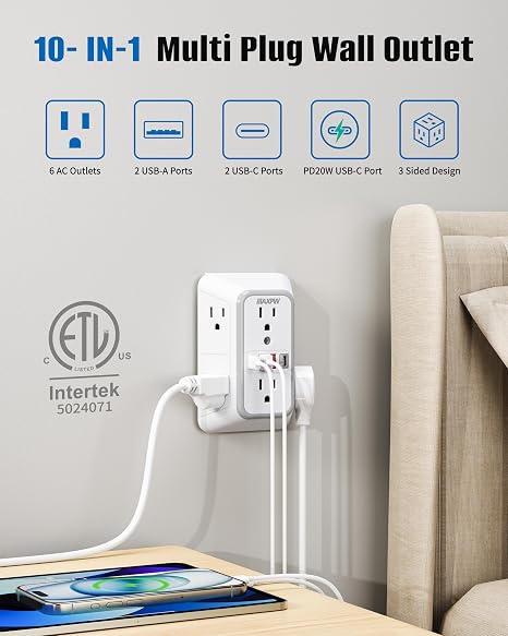 Surge Protector Outlet Extender 6 Outlets 4 USB Ports USB C PD 20W 1050J