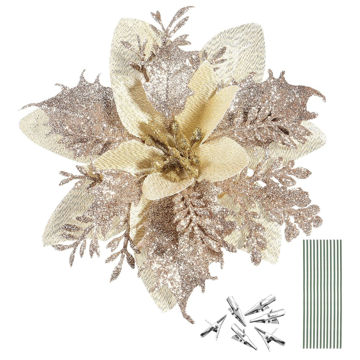 Christmas Poinsettia Flowers, 12Pcs Artificial Poinsettia Flowers Glitter Gold Christmas Tree Ornaments With Stems And Clips For Christmas Wreath Wedding Decorations