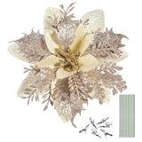 Christmas Poinsettia Flowers, 12Pcs Artificial Poinsettia Flowers Glitter Gold Christmas Tree Ornaments With Stems And Clips For Christmas Wreath Wedding Decorations