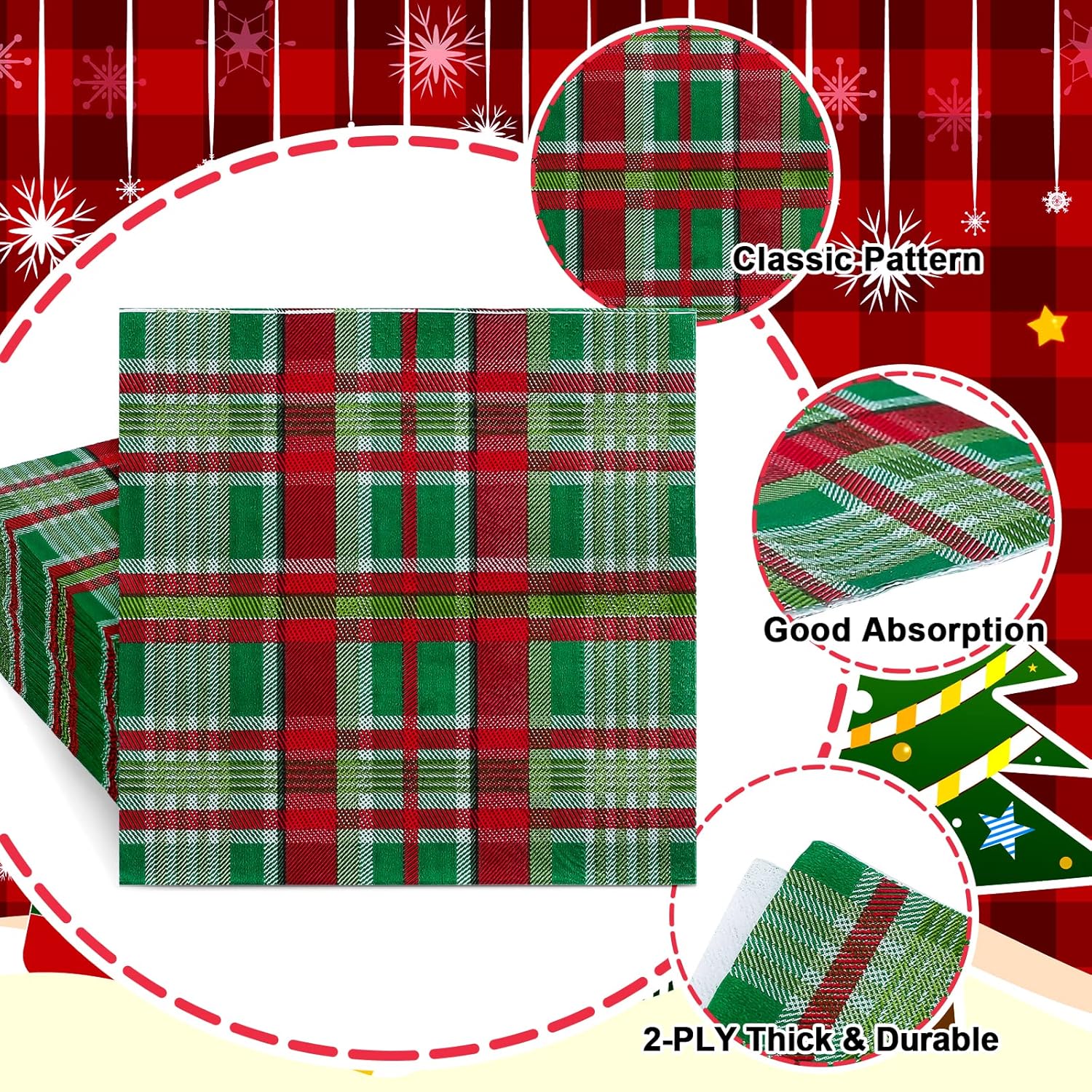 100 Pack Christmas Paper Napkins Buffalo Plaid Pattern Disposable Napkins Christmas Red Green Checkered Decorative Napkins For Christmas Holiday Dinner Party Supplies, 6.5 X 6.5 Inch