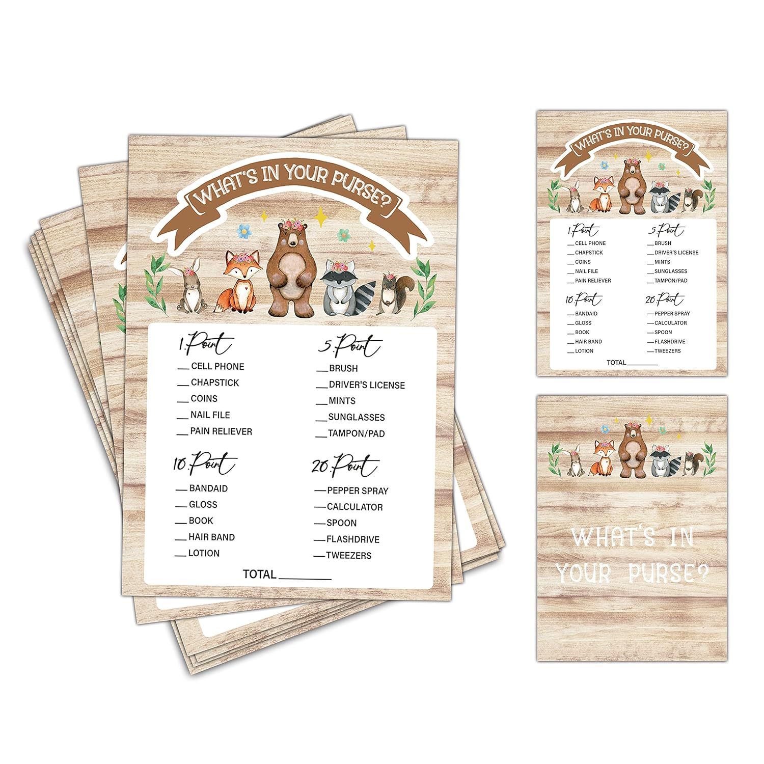 Baby Shower Games For Boys Or Girls - What'S In Your Purse Woodland Baby Shower Game - Safari Jungle Gender Reveal Party/Baby Bump Party Supplies Activities - Pack Of 30 Game Cards(C07)