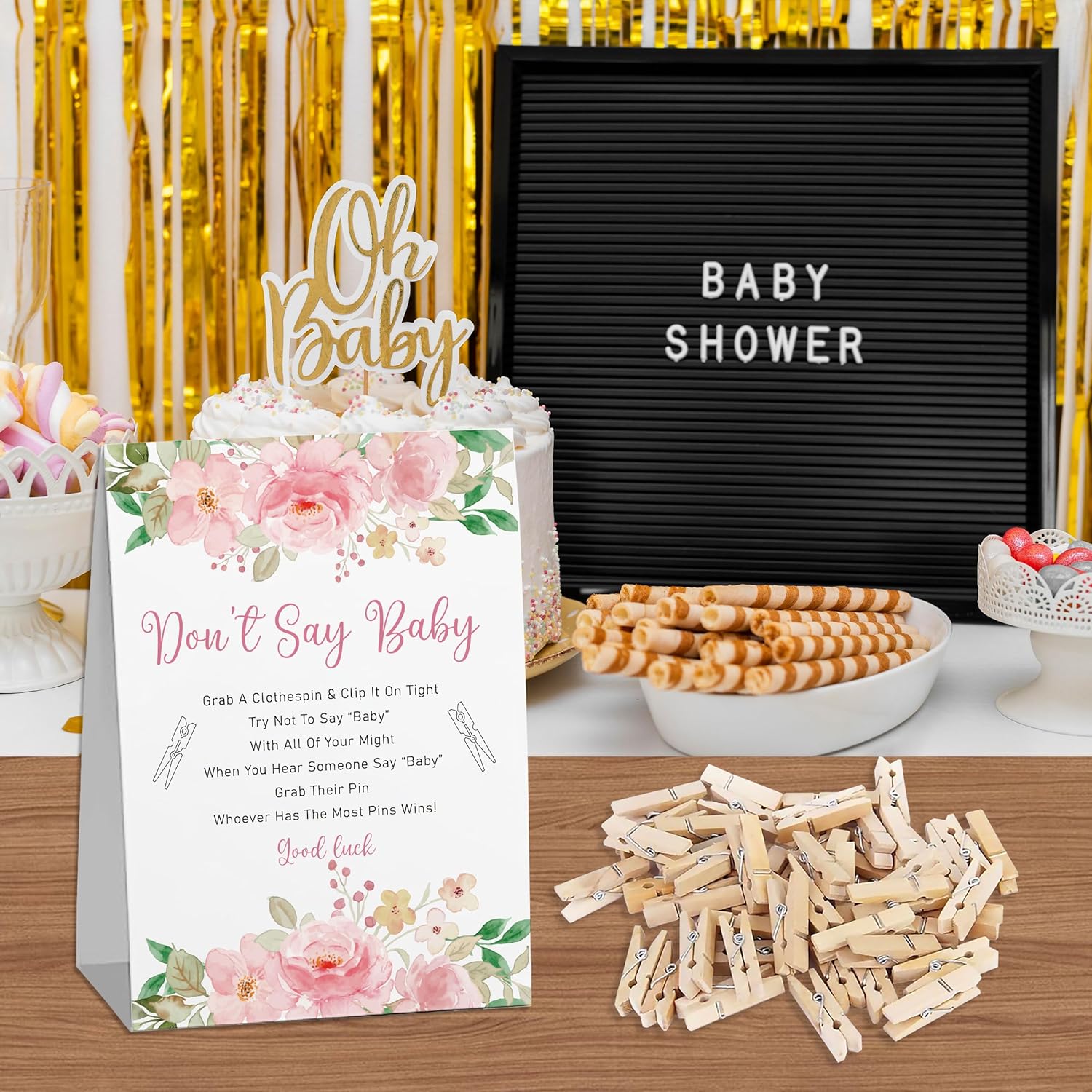 Don'T Say Baby Game For Baby Shower (One Sign With 50 Mini Clothespins), Floral Sign Blush Flower Baby Shower Sign, Baby In Bloom Decorations, Fun Baby Shower Games-Dsbb41