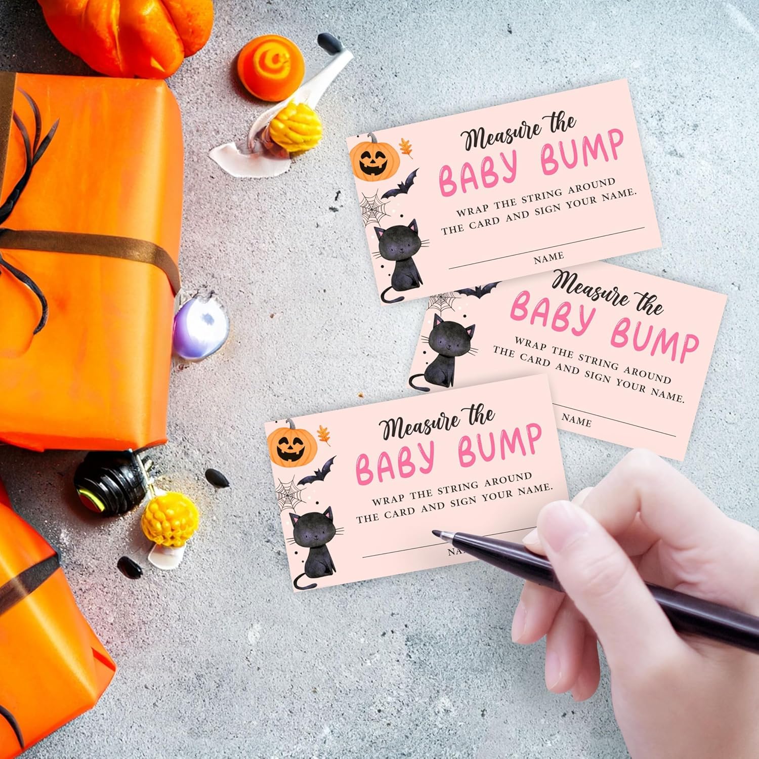 Halloween Blush Baby Shower Measure The Baby Bump Game Kit - Pumpkin & Ghost - 1 Self-Standing Sign & 50 Tickets - How Big Is Mommy'S Belly Sign - Gender Reveal Party Suppliea05
