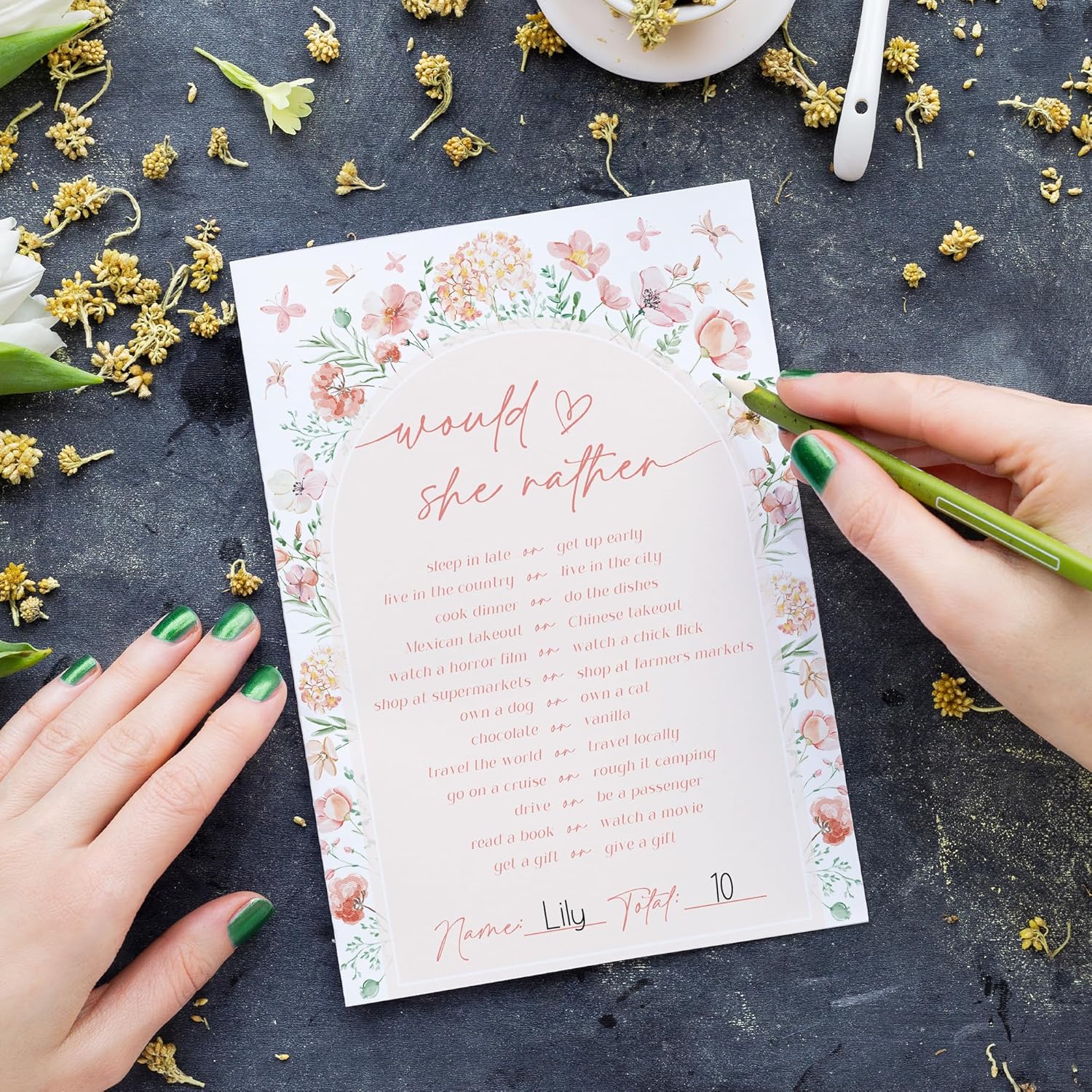 5×7” Would She Rather Games Cards - 50 Pack Floral Games Cards For Bridal Shower, Engagement Bachelorette Party, Baby Shower Party(For 50 Guests)
