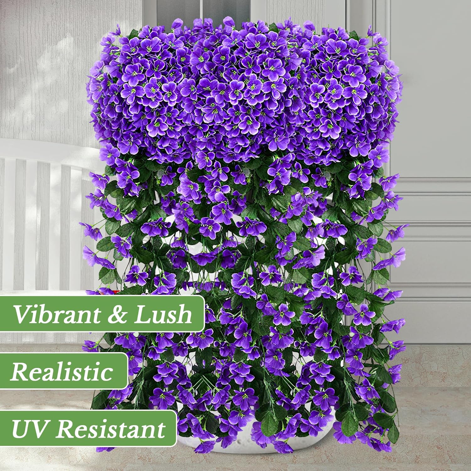 Fake Plants Violet Hanging Plants Artificial Flowers For Outdoors, 2 Pcs Large Bushy Silk Faux Flowers, Look Real Trailing Vines Uv Resistant Plants For Outdoor Planters Home Porch Patio (2 Purple)