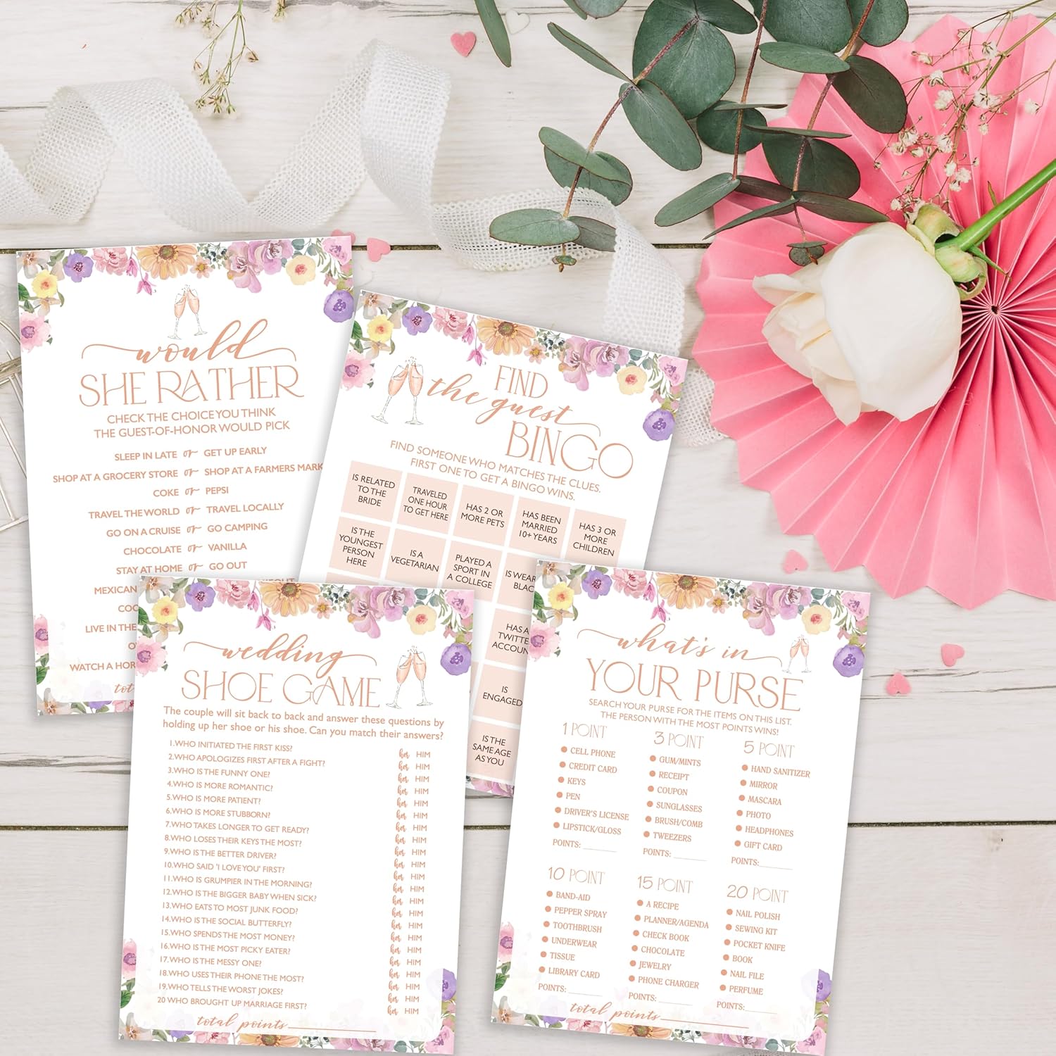 Bridal Shower Game, Find The Guest Bingo, Wedding Shoe, What'S In Your Purse, Would She Rather, 4 Games For 25 Guests, Engagement Party Supplies, Wedding Favors -Set01