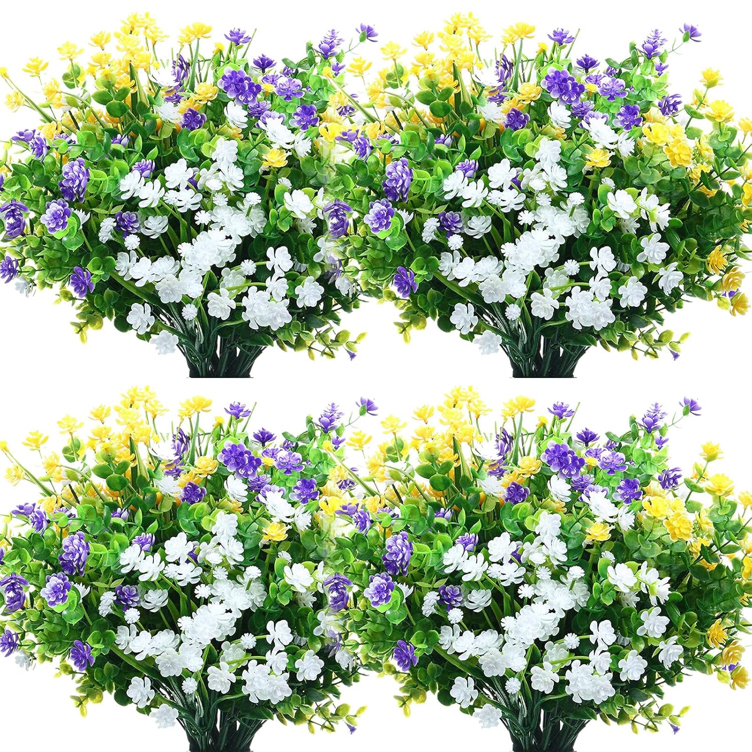 36 Bundles Artificial Flowers Outdoor, Uv Resistant Faux Artificial Plants Shrubs Flower Bulk For Hanging Planter Porch Window Home Wedding Spring Summer Decor (Yellow,Purple,White)