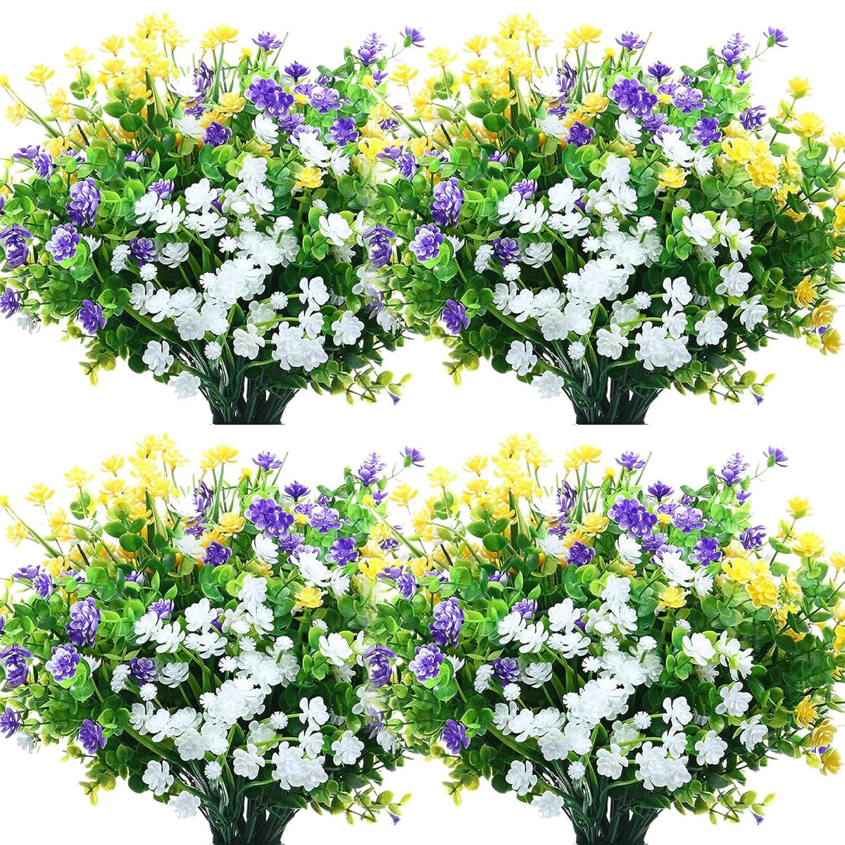 36 Bundles Artificial Flowers Outdoor, Uv Resistant Faux Artificial Plants Shrubs Flower Bulk For Hanging Planter Porch Window Home Wedding Spring Summer Decor (Yellow,Purple,White)