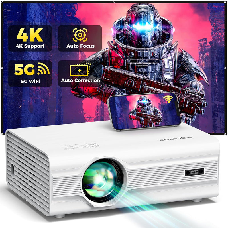 1080P Projector, 600 ANSI, WiFi 6, Bluetooth 5.2, 4K Support, Auto Focus