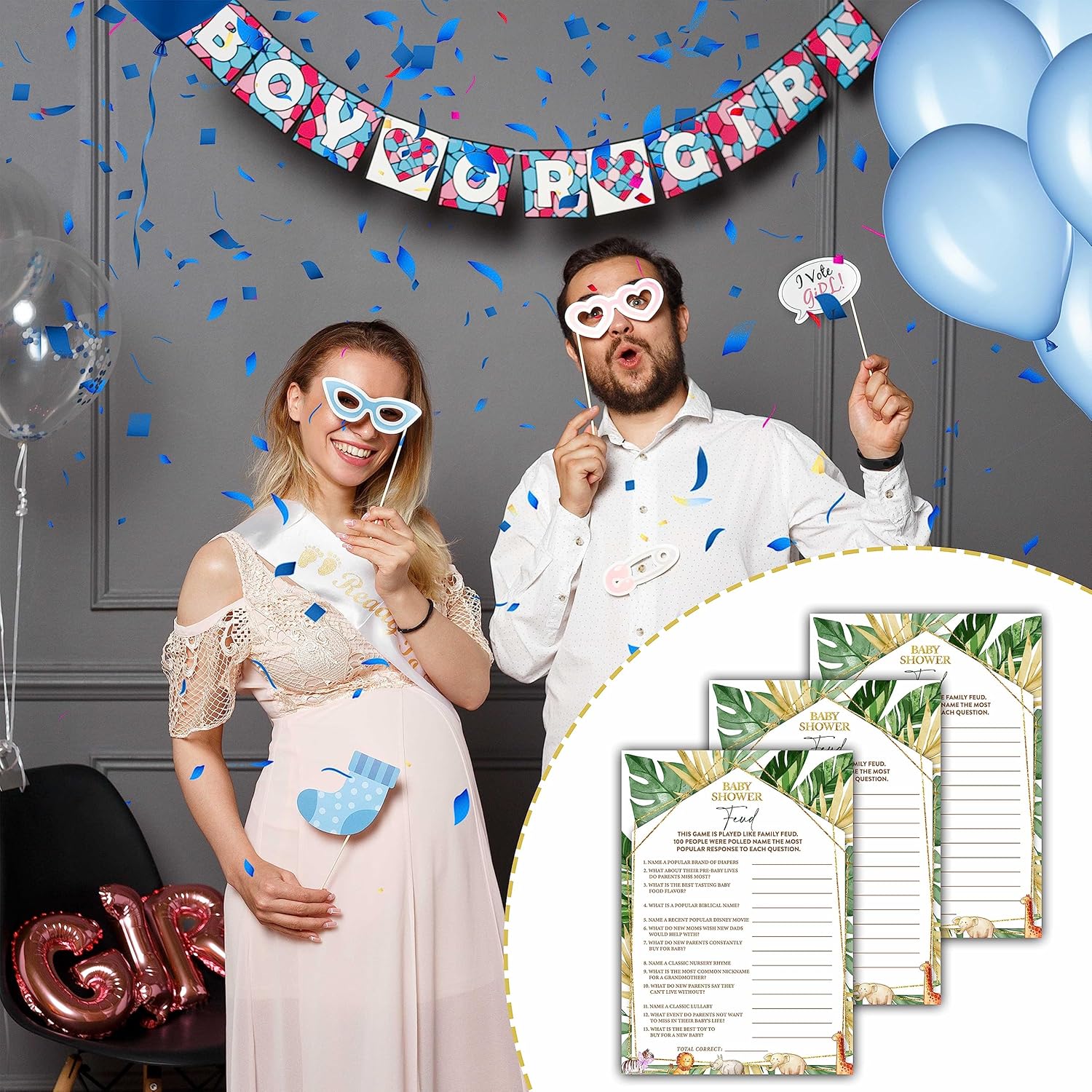 Woodland Animals 30 Baby Shower Feud Game Cards With 1 Answer Card, Safari Gender Reveal Party Supplies Favors (5"X7") - C07