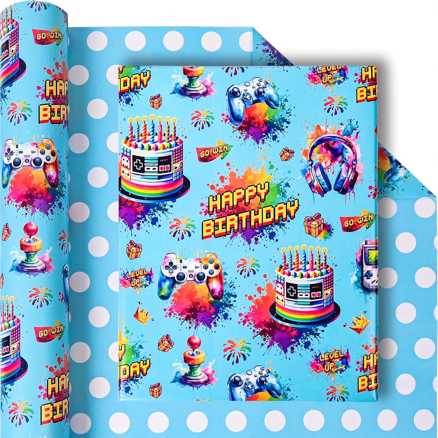 Game Video Wrapping Paper Roll For Kids Girls Women - Game Lover Happy Birthday Design Gift Wrap For 1St Bday Boy Total 28.5Sq.Ft