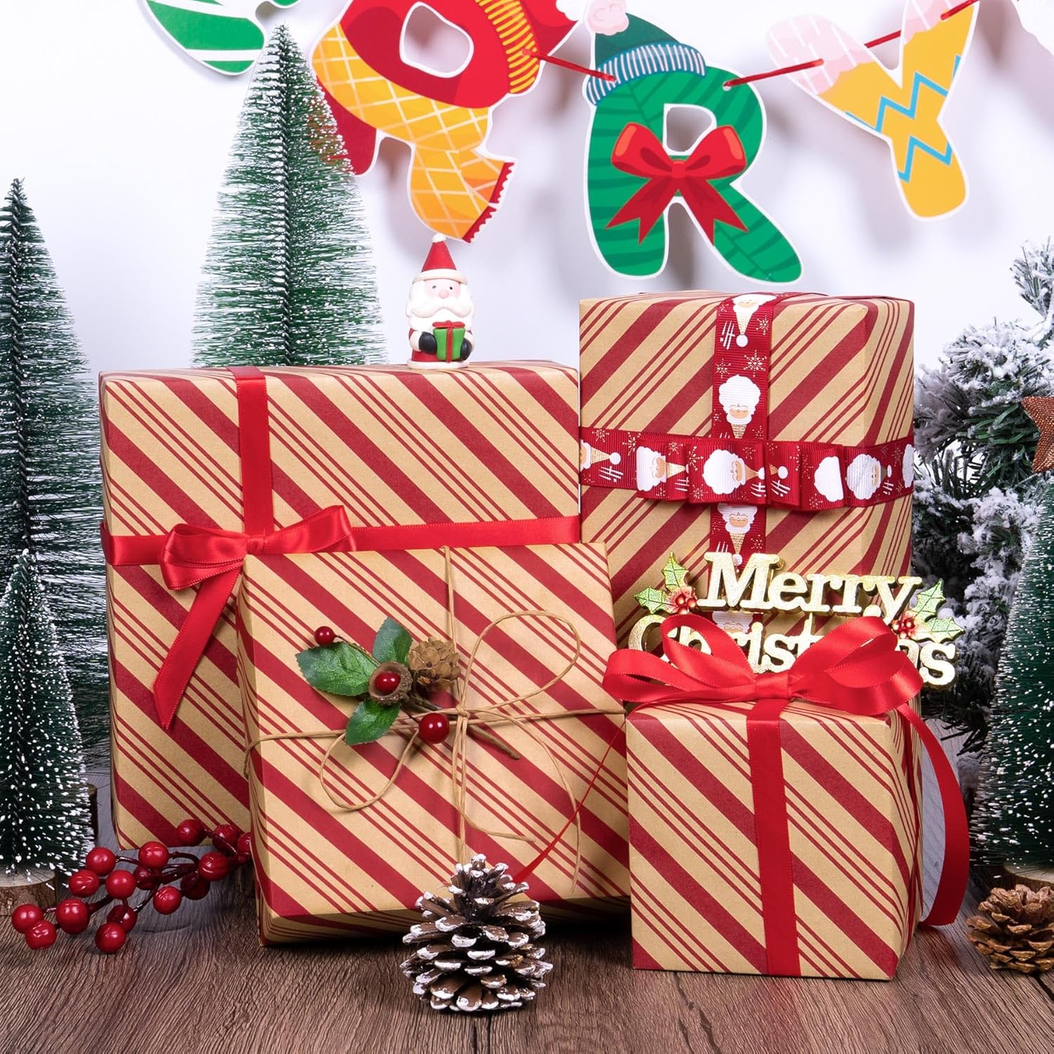 Christmas Wrapping Paper, Kraft Paper Roll With Classic Stripe Design 17Inch X 33Feet, Mini Red Wrapping Paper Roll Vintage Gift Wrap Paper For New Year Holiday, Birthday, Craft & Art