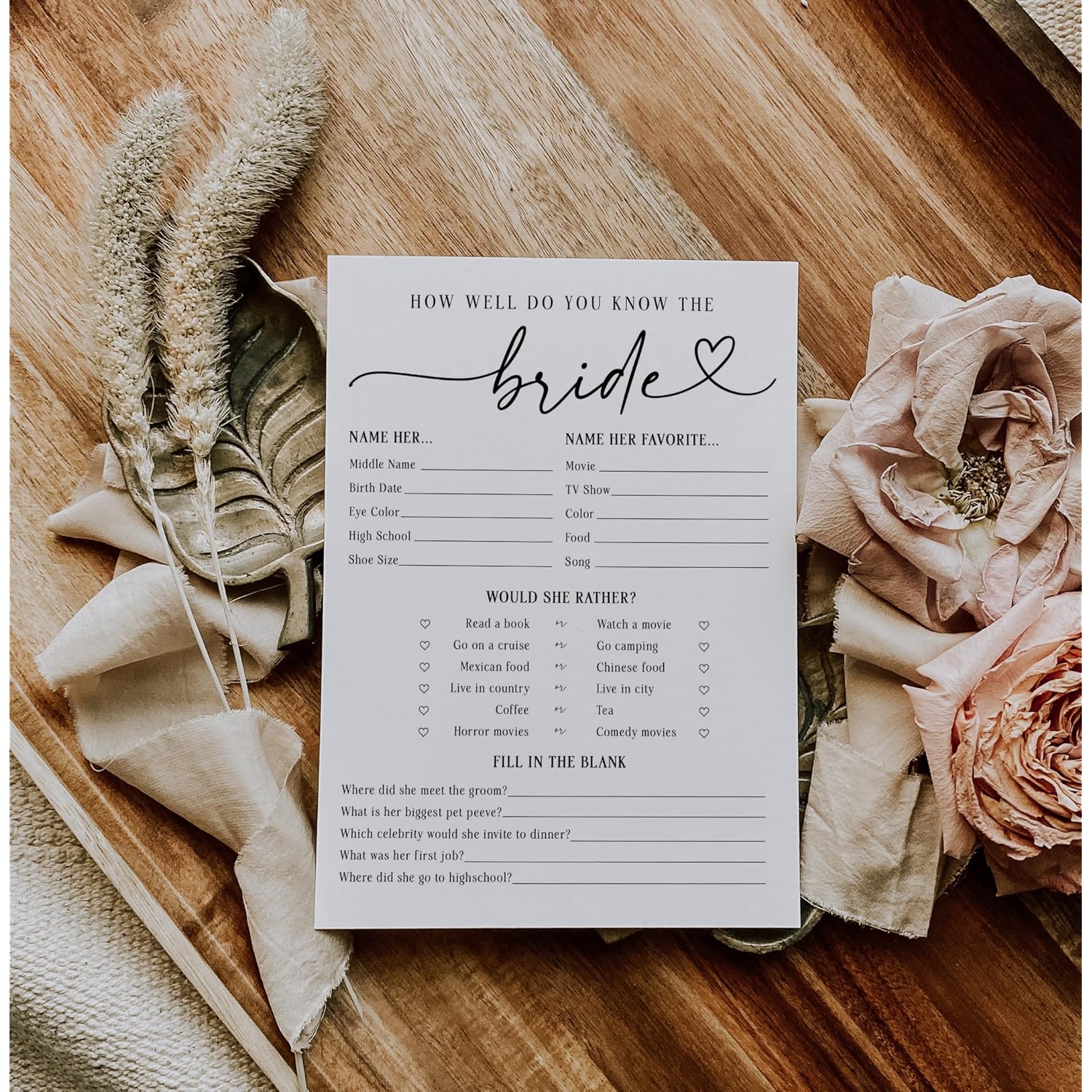 How Well Do You Know The Bride Bridal Shower Game, Fun Wedding Shower Games And Activities, Would She Rather, 50 Count