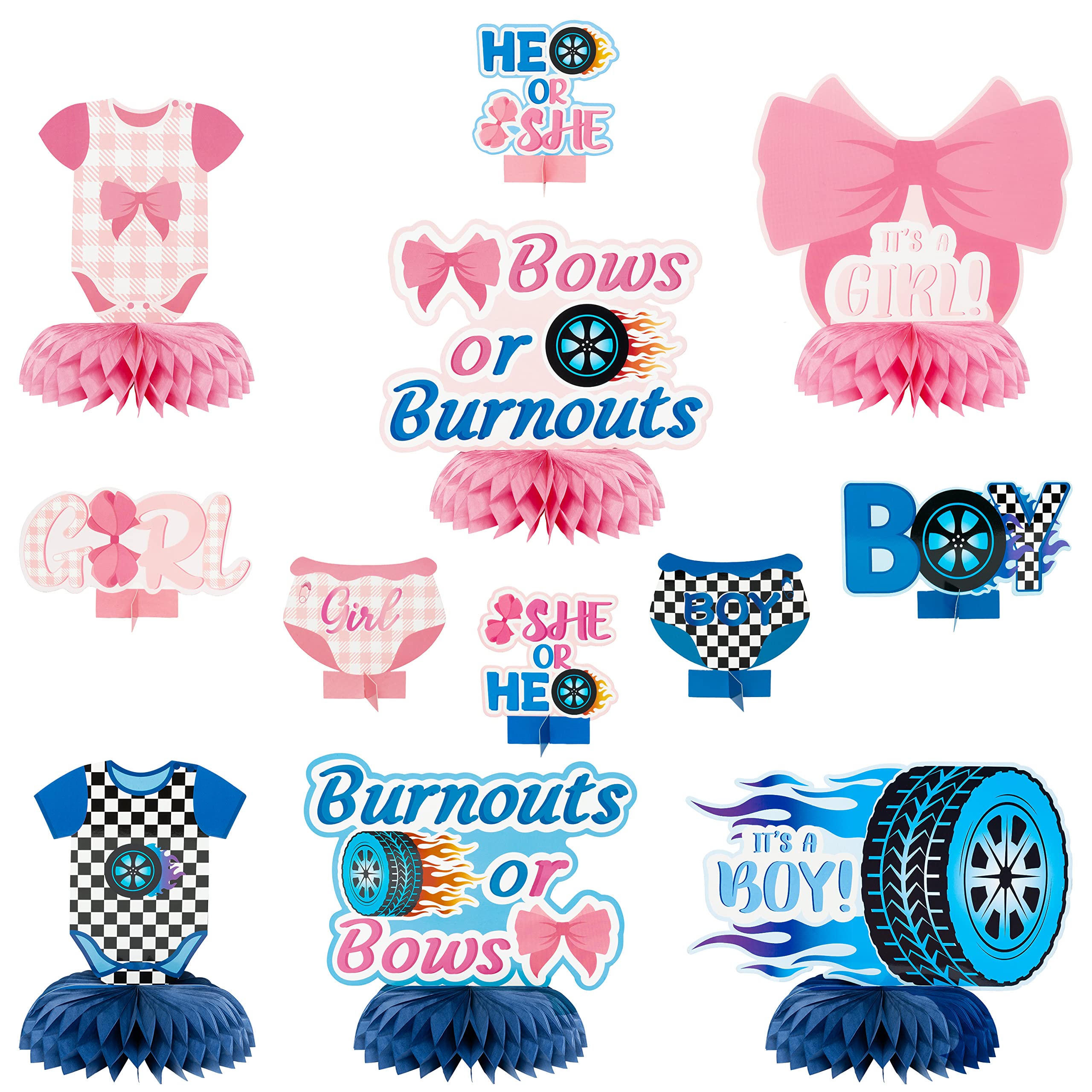 12Pcs Burnouts or Bows Gender Reveal Party Honeycomb Centerpieces Table Toppers for Boys Girls Blue and Pink Car Wheel Bow Tie Party Decoration Supplies for He or She Gender Reveal Baby Shower