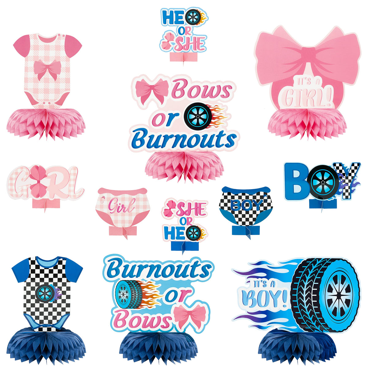 12Pcs Burnouts or Bows Gender Reveal Party Honeycomb Centerpieces Table Toppers for Boys Girls Blue and Pink Car Wheel Bow Tie Party Decoration Supplies for He or She Gender Reveal Baby Shower