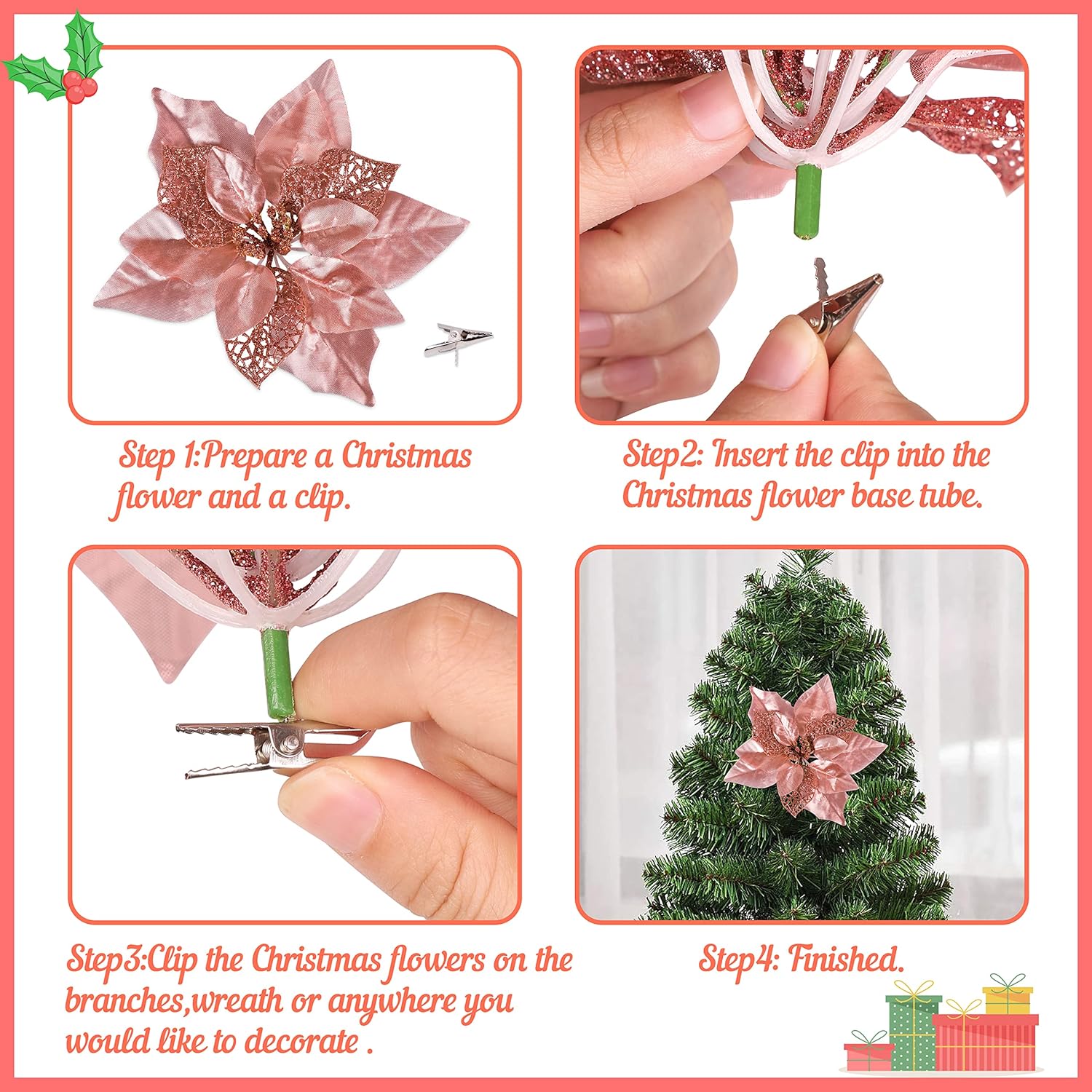 15Pcs Christmas Tree Decorations Poinsettias Artificial Flowers Ornaments: Large Size 8.7” Xmas Glitter Flower With Clips Plus Stems (Rose Gold)