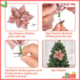 15Pcs Christmas Tree Decorations Poinsettias Artificial Flowers Ornaments: Large Size 8.7” Xmas Glitter Flower With Clips Plus Stems (Rose Gold)