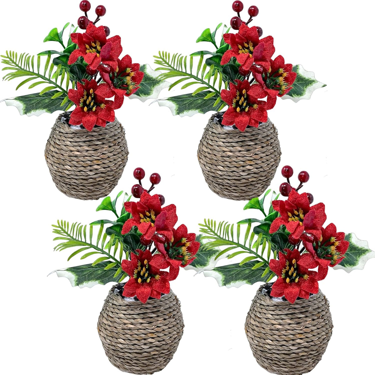 BANBERRY DESIGNS Poinsettia Christmas Decorations - Holly Berries Silk Flower Arrangements - Set of 4 - Red Christmas Flowers in Decorative Pots - Holiday Home Décor - 7" H