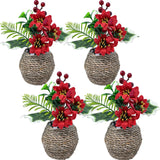 BANBERRY DESIGNS Poinsettia Christmas Decorations - Holly Berries Silk Flower Arrangements - Set of 4 - Red Christmas Flowers in Decorative Pots - Holiday Home Décor - 7" H