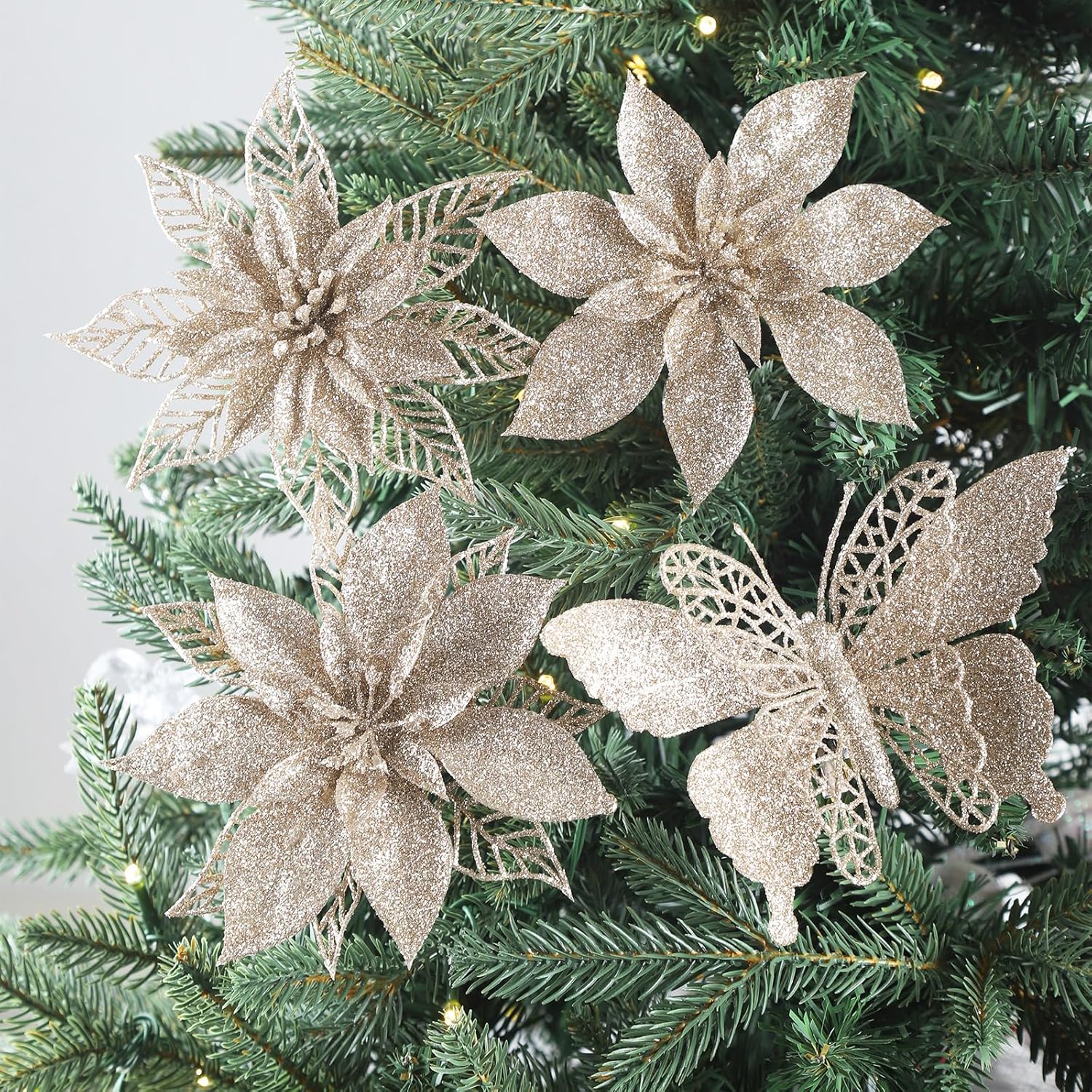 24Pc 5.5" Champagne Gold Artificial Poinsettia Christmas Flowers, Glitter Christmas Decorations For Xmas Tree Wreath Fireplace New Year Home Decor (Champagne Gold)