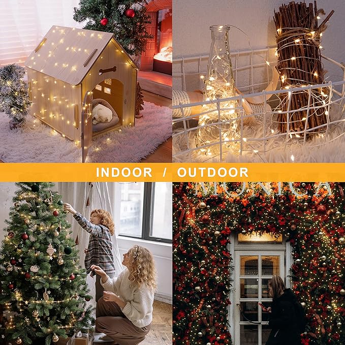 2 Pack 33FT 100 LED Solar Copper String Lights Warm White Waterproof IP65 Fairy Firefly Lights with 8 Modes Auto On/Off for Garden Patio Christmas Decor