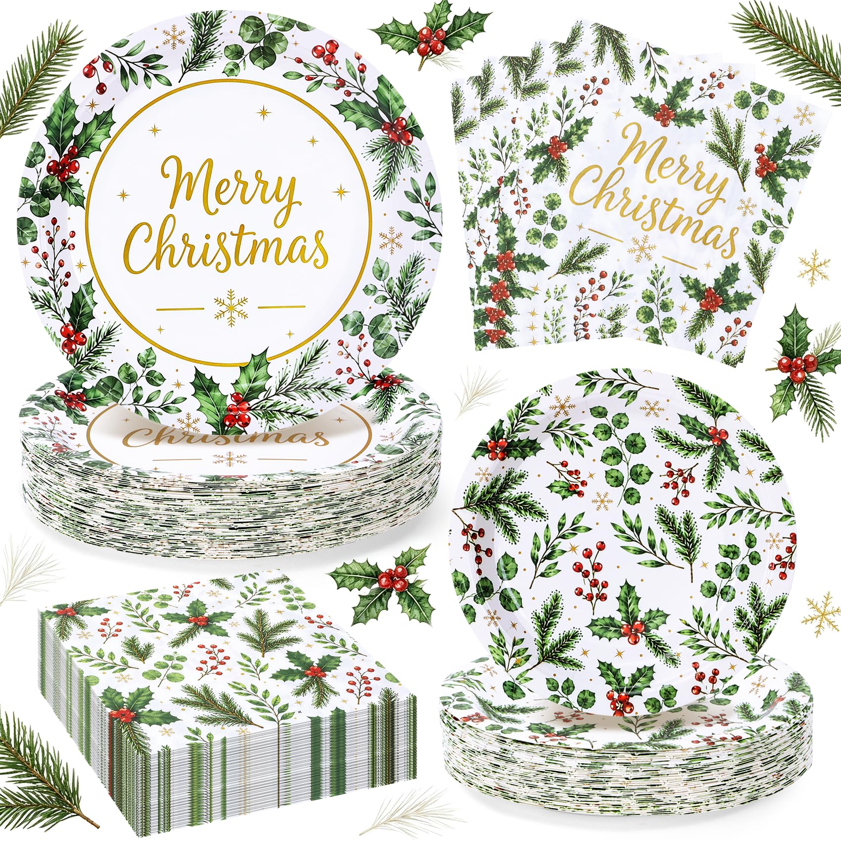 150Pcs Christmas Paper Plates and Napkins Party Supplies, Disposable 9’’& 7’’ Holiday Plates with Green Holly Leaves Red Berries Xmas Party Decorations Tableware Set, Serves 50 Guests