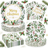 150Pcs Christmas Paper Plates and Napkins Party Supplies, Disposable 9’’& 7’’ Holiday Plates with Green Holly Leaves Red Berries Xmas Party Decorations Tableware Set, Serves 50 Guests