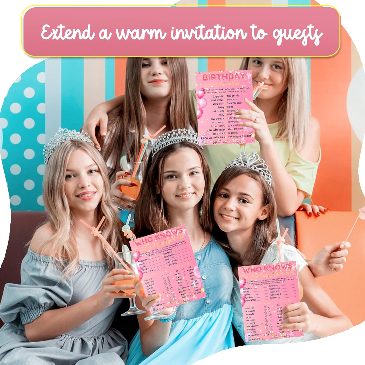 30 Pcs Who Knows The Birthday Girl Best Game Cards, 6.1 × 4.9 Inch Double-Sided Birthday Party Games, Pink Girls Card Birthday Party Supplies And Fun Activities