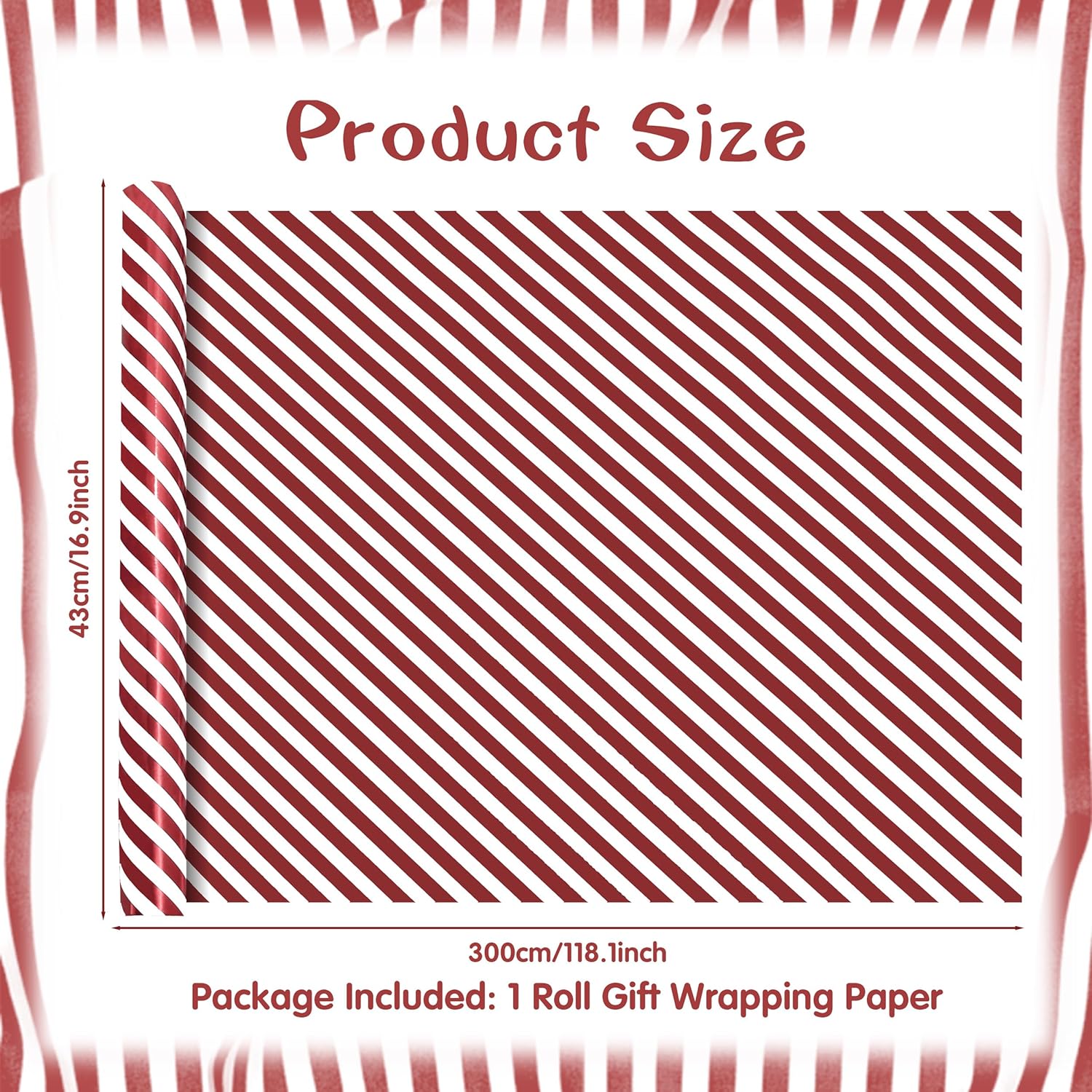 Classic Red & White Stripes Candy Cane Christmas Luxury Holographic Aluminized Foil Wrapping Paper- 1 Mini Roll 17 X 10 Ft Per Roll 14.1 Sq.Ft.Ttl For Women Men On Christmas Season, Birthday, Holiday, Wedding, Baby Shower Celebration
