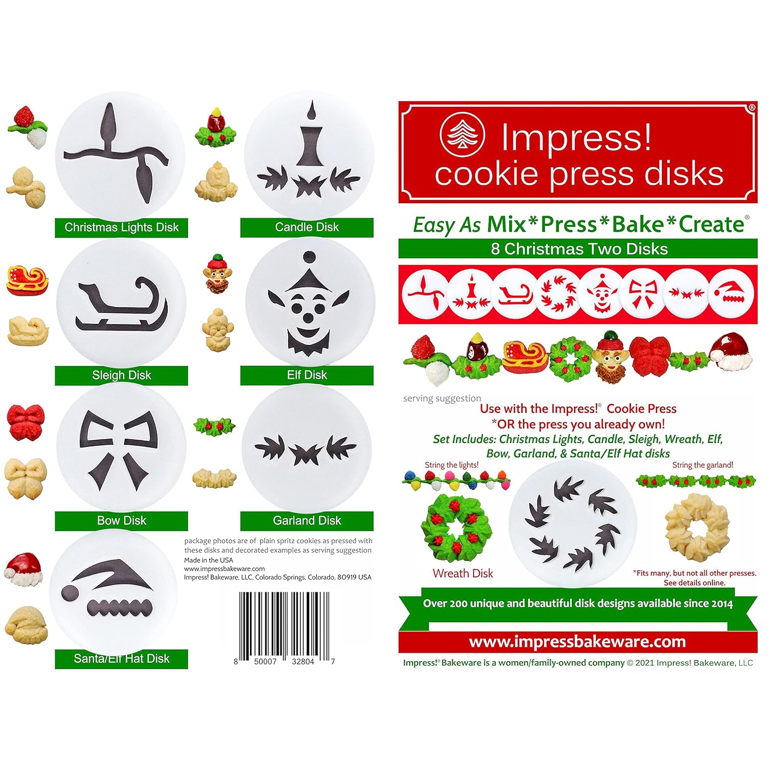 Impress Cookie Press Disks – Christmas Two Set Of 8, Food Safe Plastic Shapes With Wreath, Candle, Elf, & More, Fits Many Manual Models - See Disk Sizing Image To Ensure Fit With Your Press
