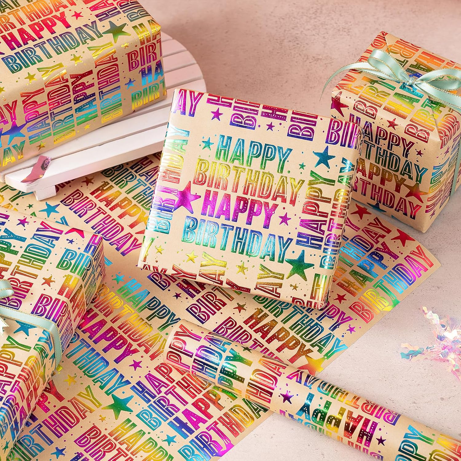 Birthday Kraft Wrapping Paper Roll, Mini Roll, Colorful Foil Happy Birtdhay Text Pattern Kraft Paper, Birthday Gift Wrap For Birthdays, Party And Special Occasions, 17 Inches X 16.4 Feet