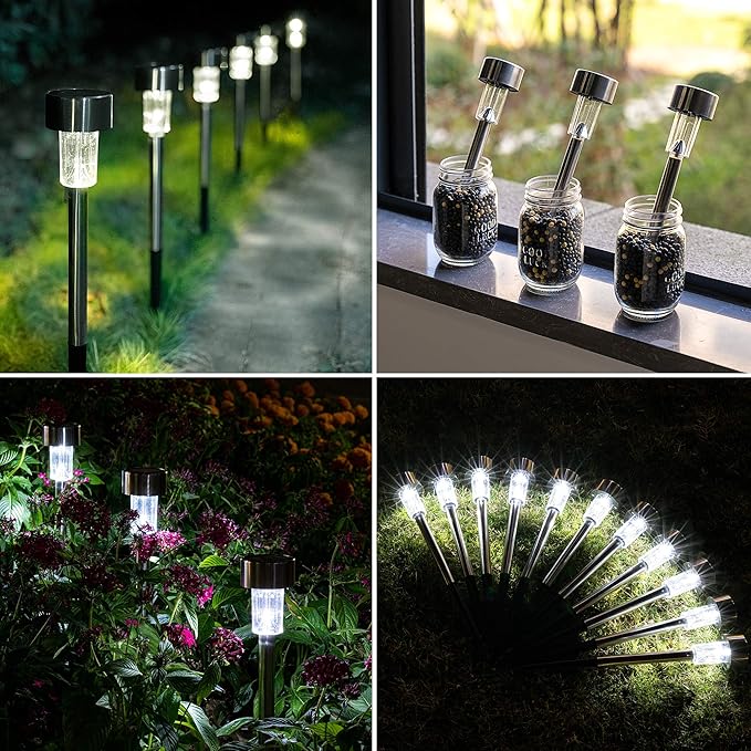 12 Pack Stainless Steel Solar Pathway Lights IP44 Waterproof Auto On Off Cold White Garden Lights