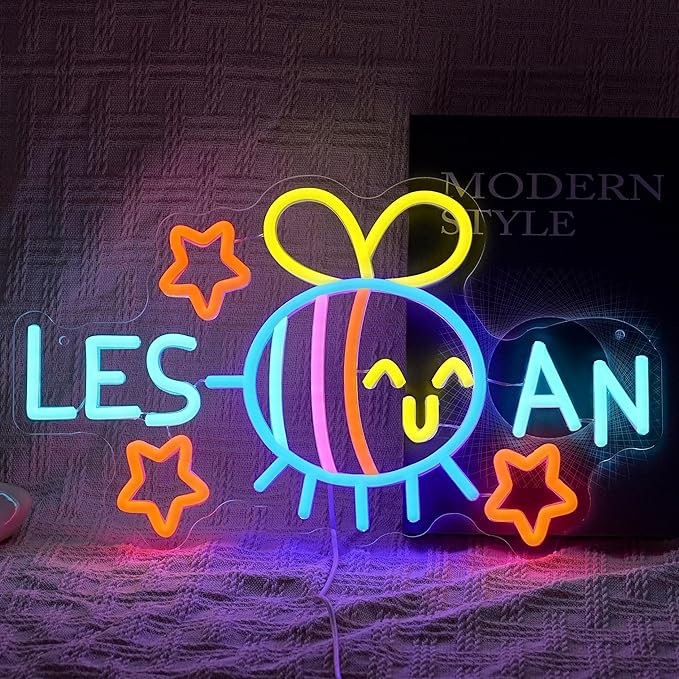 Bee Star Lesbian Neon Sign Dimmable Rainbow USB LED Wall Light for LGBTQ Pride Bedroom Bar Party Decor