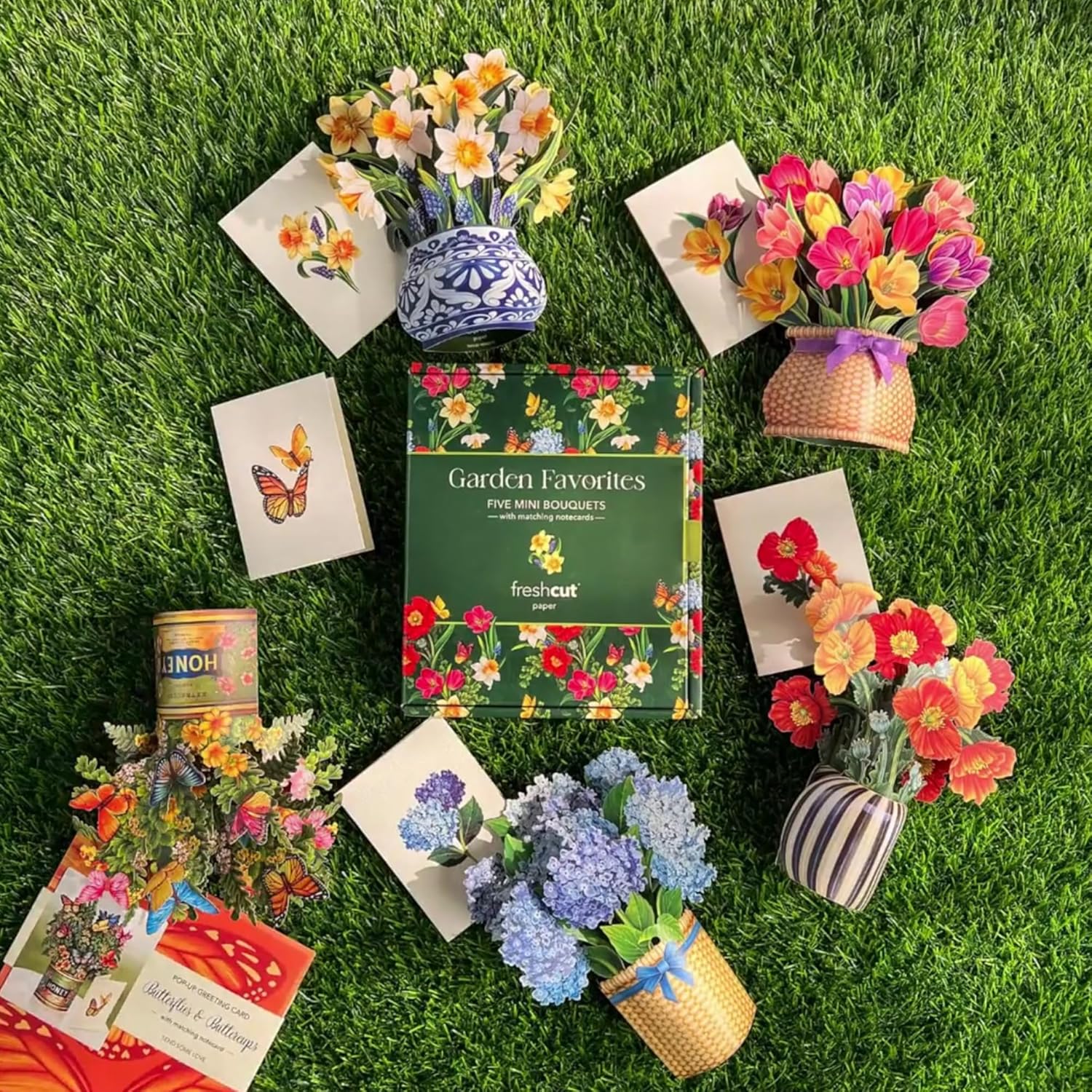 Pop Up Cards, Garden Favorites, 6 Inch Mini Sized Paper Flower Bouquet 3D Popup Greeting Cards, Birthday Card, Thank You Card, Blank Notecards & Envelopes, Pack Of 5