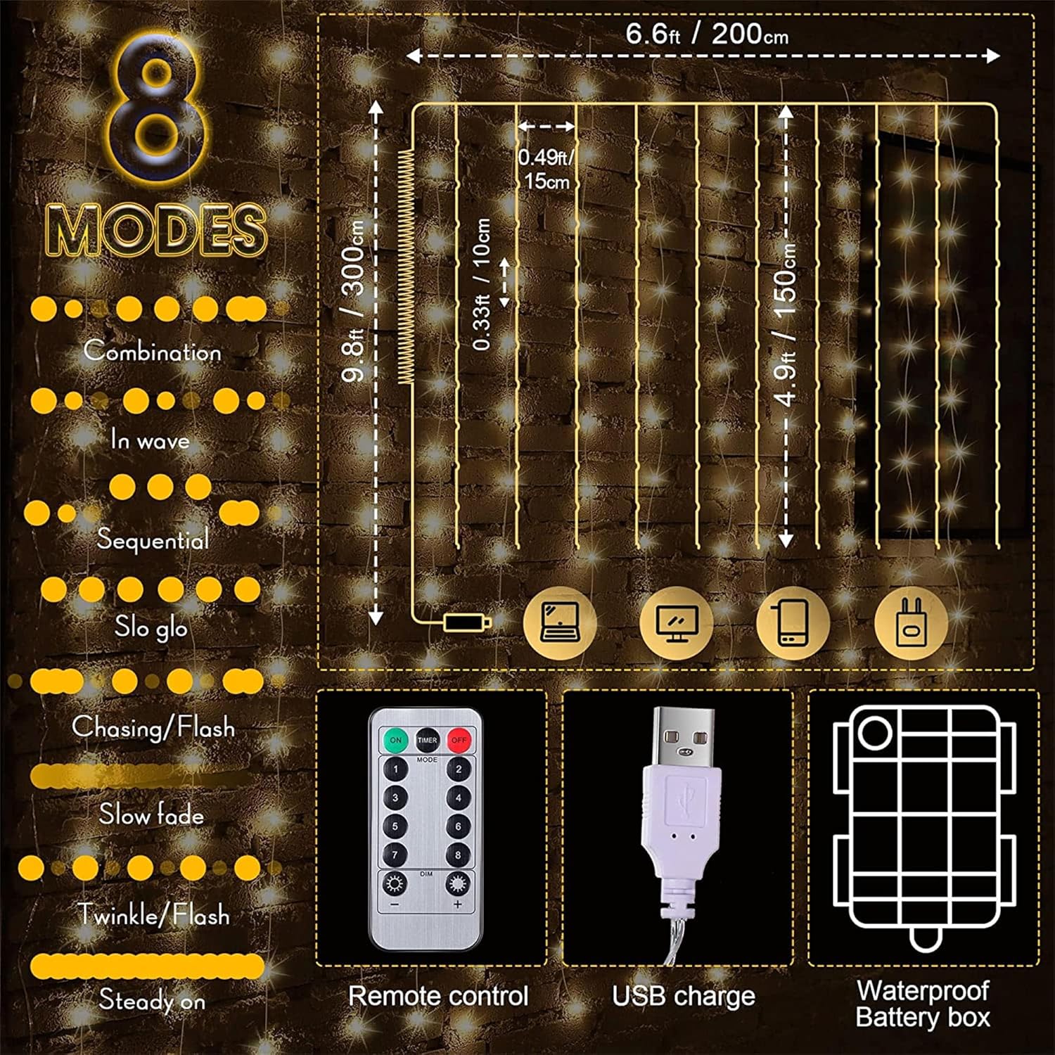 Curtain Tapestry Backdrop String Lights, Each 13 Strings 6.6 X 5 Ft Tapestry Fairy String Light, 8 Modes Window Wall Hanging Light Strings For Bedroom Christmas Curtain Decor(2 Pack)