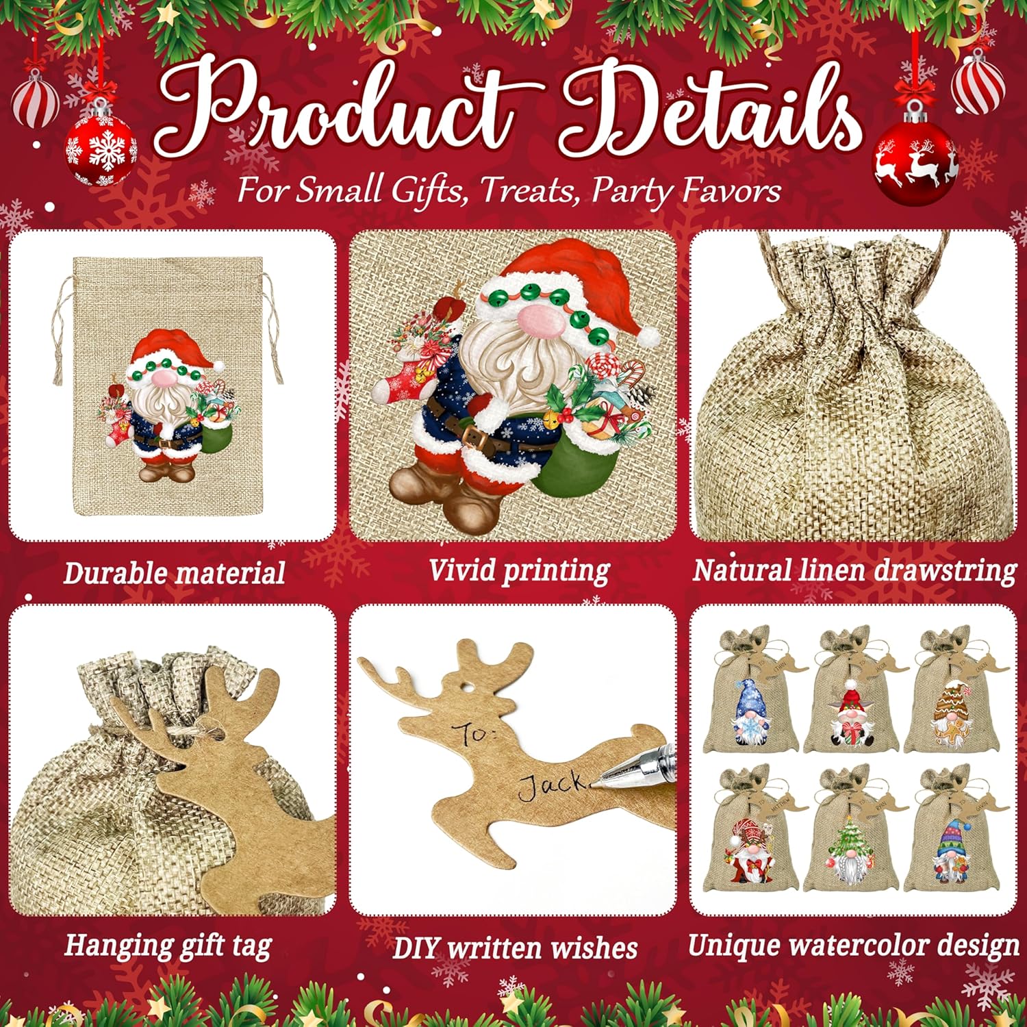 Christmas Burlap Gift Bags With Drawstrings 24Pcs, Watercolor 12 Designs Christmas Gnome Linen Wrapping Bags, Small Christmas Treat Candy Bags For Holiday Party Favor Supplies