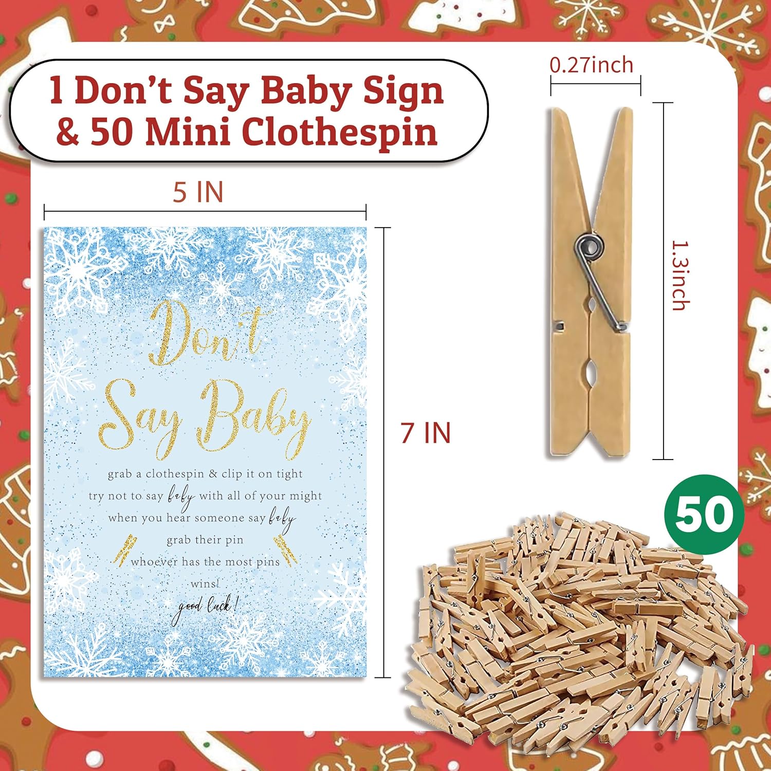 Don'T Say Baby Game, Christmas Baby Shower Game,Winter Baby Shower, 50 Wooden Clothespins And One Sign, Christmas Baby Shower Decorations, Winter Gender Reveal-Dsbb08