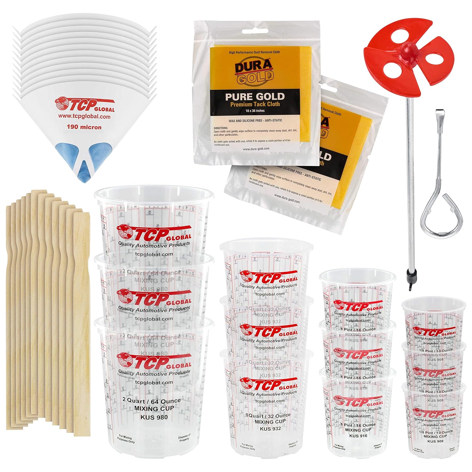 Paint Mixing Cup Kit - 12 Plastic Paint Cups (3 Of Each Size 12, 24, 44, 72 Ounce), Sticks, Strainers, Tack Cloths, Mixer Blade & Can Opener - Epoxy Resin Mixing Cups For Measuring