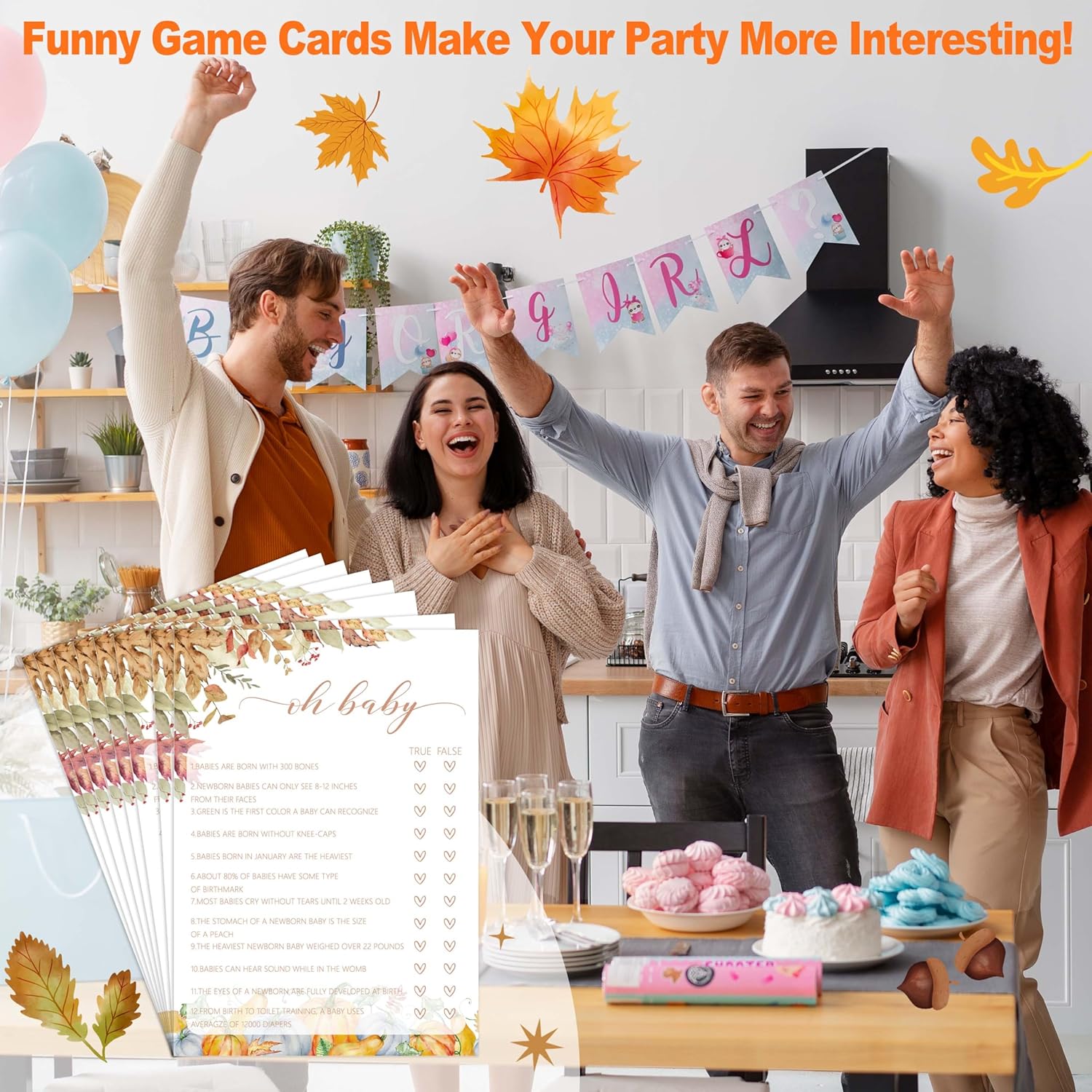 Baby Shower Games, Thanksgiving Oh Baby True Or False, 25 Double-Sided Game Cards + 1 Answer Card For Gender Reveal Party Decorations Supplies Announcement - C04