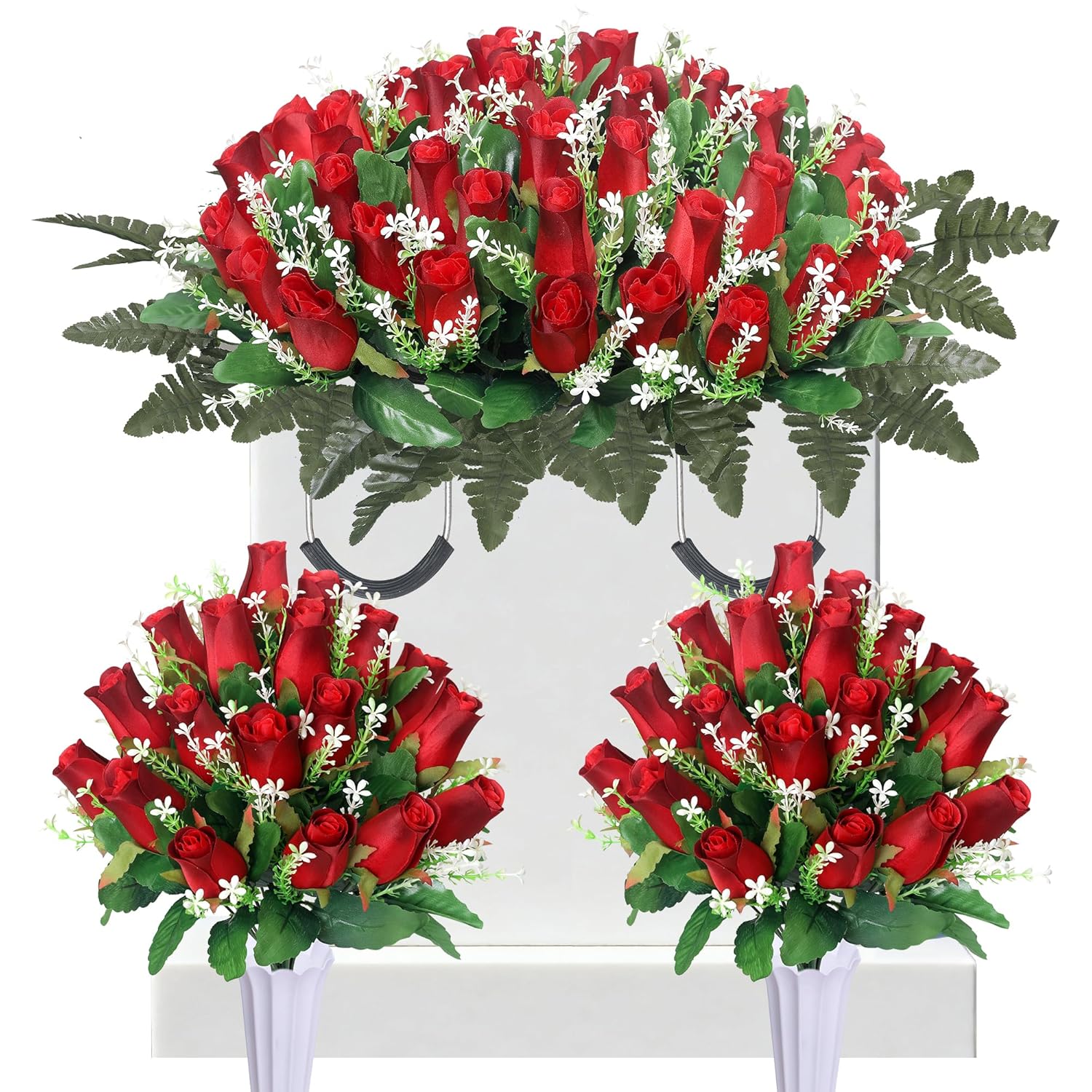 3 Sets Artificial Cemetery Flowers For Grave,Headstone Flower Saddle With 2 Memorial Rose Bouquets With Vases For Grave Tombstone Decorations (Red)
