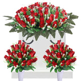 3 Sets Artificial Cemetery Flowers For Grave,Headstone Flower Saddle With 2 Memorial Rose Bouquets With Vases For Grave Tombstone Decorations (Red)