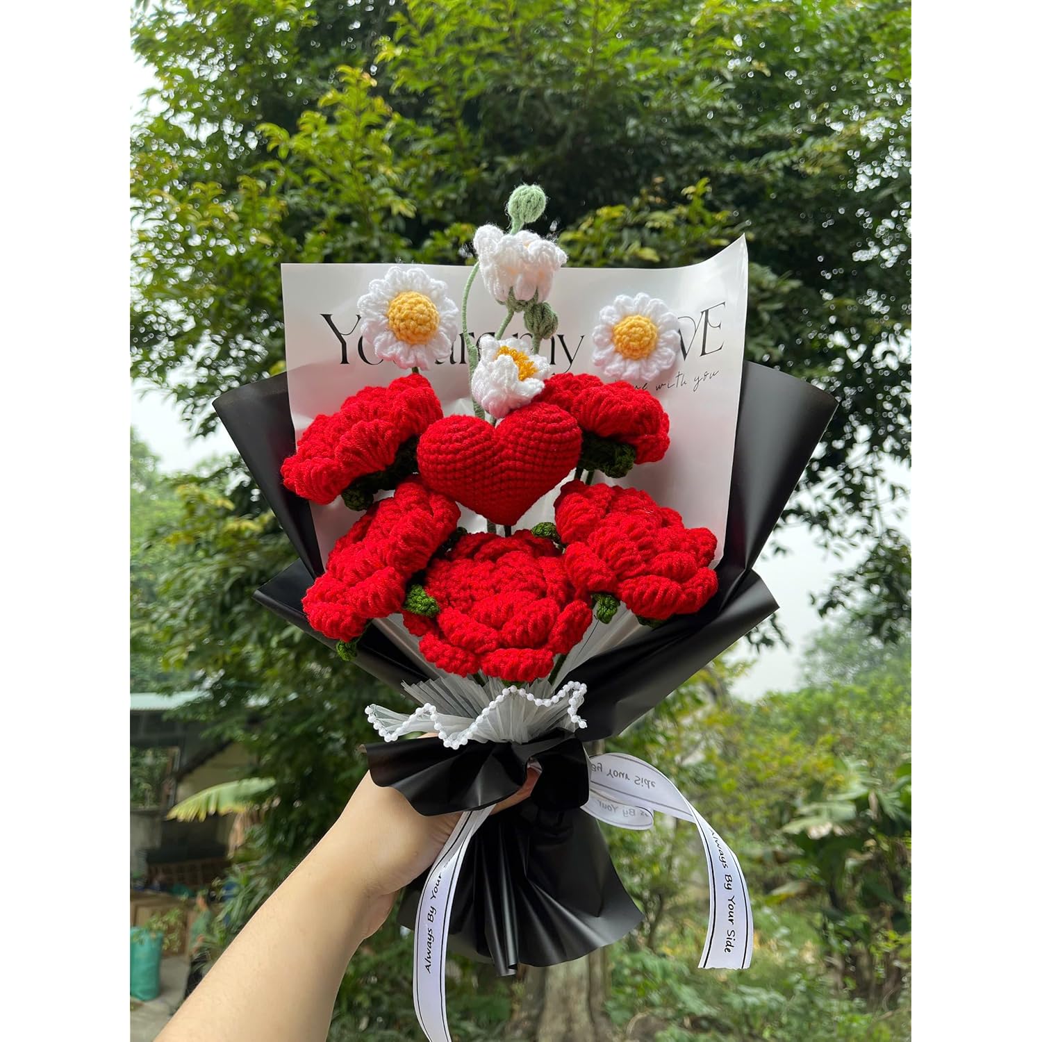 Completed Red Heart Crochet Flowers Bouquet, Handmade Knitted Bouquet For Valentine, Couple, Crochet Artificial Flowers Of Rose As Gift For Mother, Friends, Daughter, Home Decor (Red Rose)