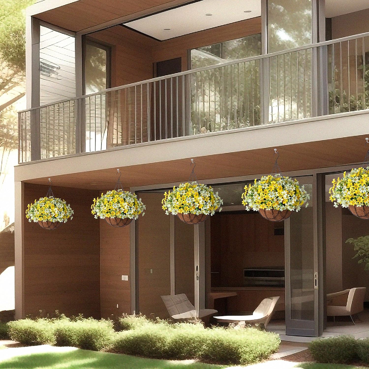 Artificial Silk Flowers Hanging Baskets Outdoors,Chrysanthemum With Eucalyptus Leaves Arrangement For Garden Yard Decor,Faux Plant In Metal Coconut Lining Flowerpot(Yellow)