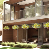 Artificial Silk Flowers Hanging Baskets Outdoors,Chrysanthemum With Eucalyptus Leaves Arrangement For Garden Yard Decor,Faux Plant In Metal Coconut Lining Flowerpot(Yellow)
