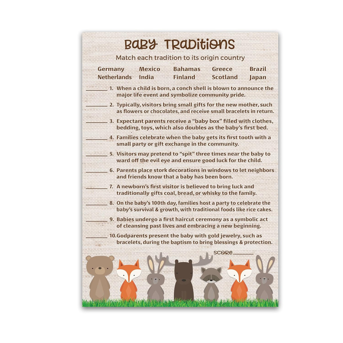 Woodland Animals Baby Shower Games — Baby Traditions Around The World Game — Pack Of 25 — Gender Neutral, Reveal Party, Rustic Jungle Fun Baby Facts Trivia Couples Shower Activity G601-Btw