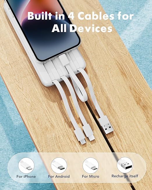 10000mAh Portable Power Bank 3A Fast Charging with 4 Built In Cables LED Display 6 Outputs