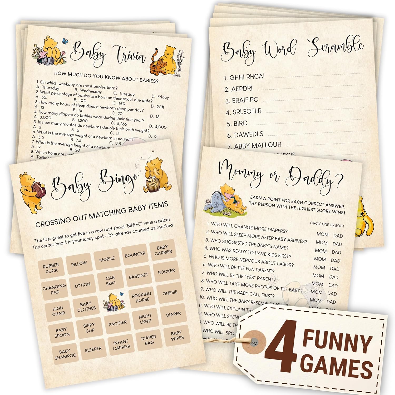 Winnie Baby Shower Games Boy - Pooh Baby Shower Bingo Cards For 25 Guests, Word Scramble Favors, Guess Who Mommy Or Daddy Game Ideas For Party Decorations
