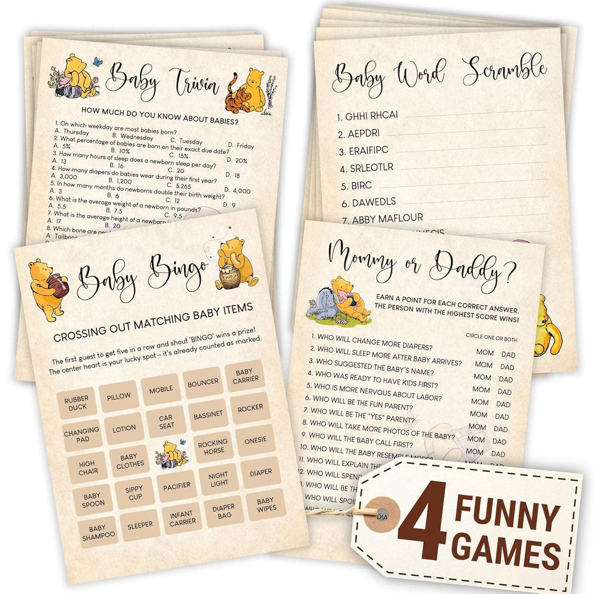 Winnie Baby Shower Games Boy - Pooh Baby Shower Bingo Cards For 25 Guests, Word Scramble Favors, Guess Who Mommy Or Daddy Game Ideas For Party Decorations